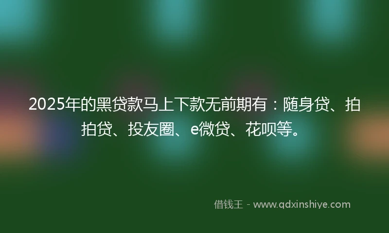 2025年的黑贷款马上下款无前期有：随身贷、拍拍贷、投友圈、e微贷、花呗等。