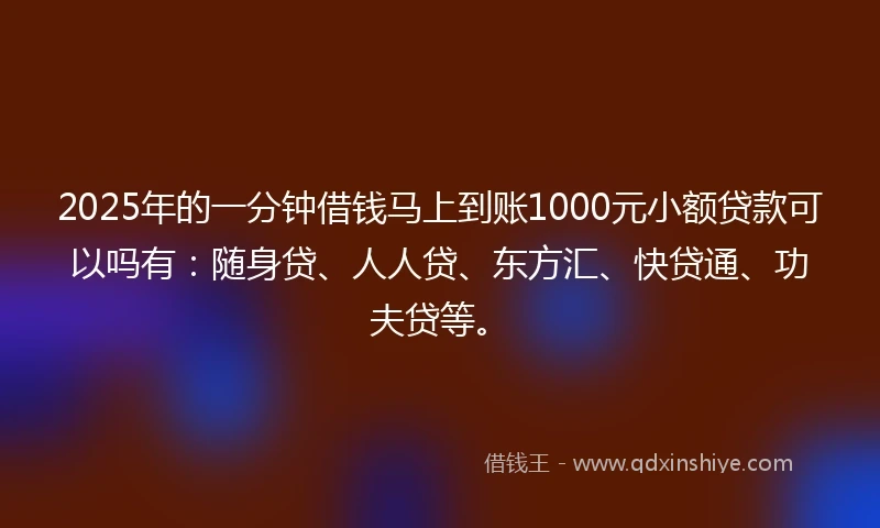 2025年的一分钟借钱马上到账1000元小额贷款可以吗有：随身贷、人人贷、东方汇、快贷通、功夫贷等。
