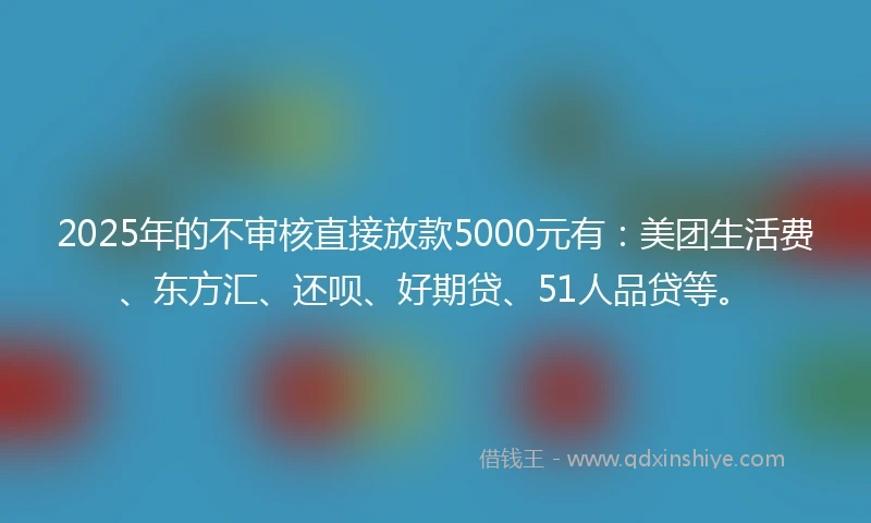 2025年的不审核直接放款5000元有:美团生活费、东方汇、还呗、好期贷、51人品贷等。
