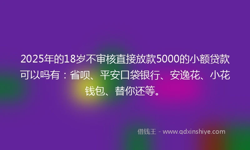 2025年的18岁不审核直接放款5000的小额贷款可以吗有：省呗、平安口袋银行、安逸花、小花钱包、替你还等。