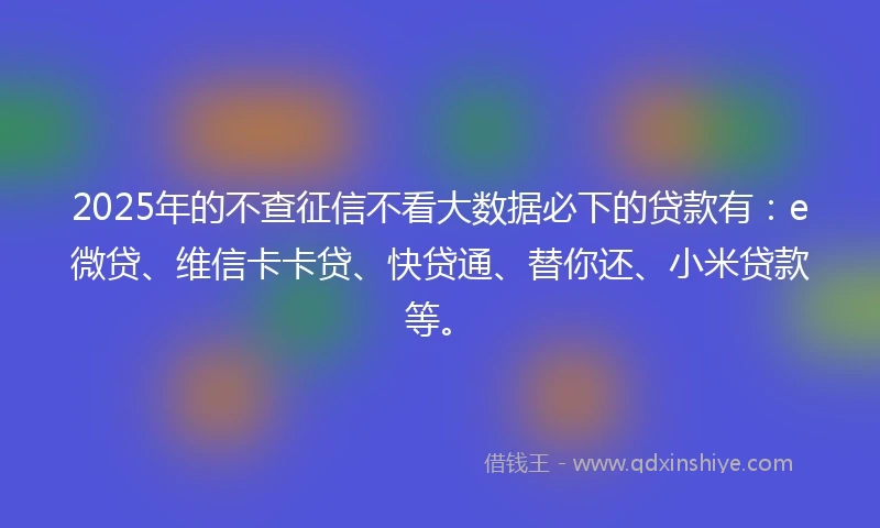 2025年的不查征信不看大数据必下的贷款有：e微贷、维信卡卡贷、快贷通、替你还、小米贷款等。