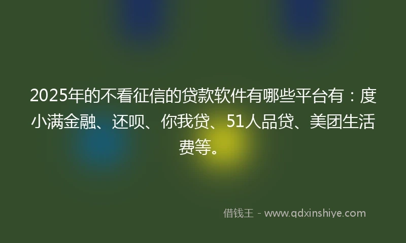 2025年的不看征信的贷款软件有哪些平台有：度小满金融、还呗、你我贷、51人品贷、美团生活费等。