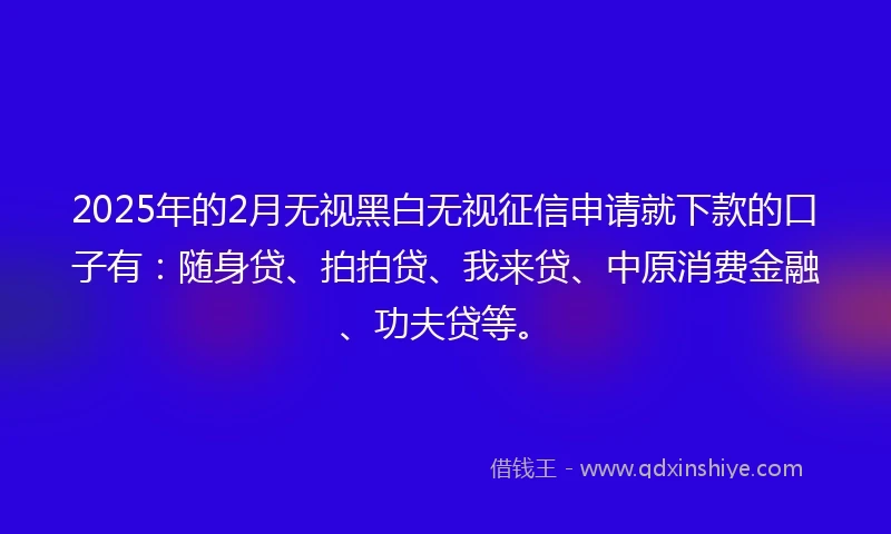 2025年的2月无视黑白无视征信申请就下款的口子有：随身贷、拍拍贷、我来贷、中原消费金融、功夫贷等。