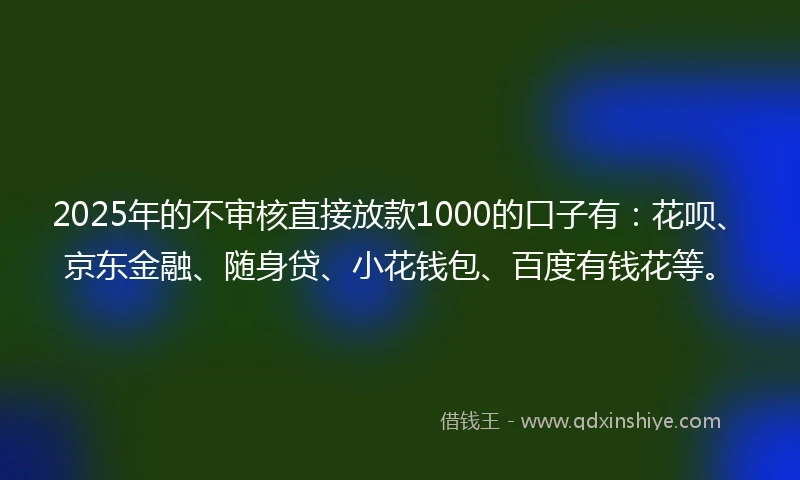 2025年的不审核直接放款1000的口子有：花呗、京东金融、随身贷、小花钱包、百度有钱花等。