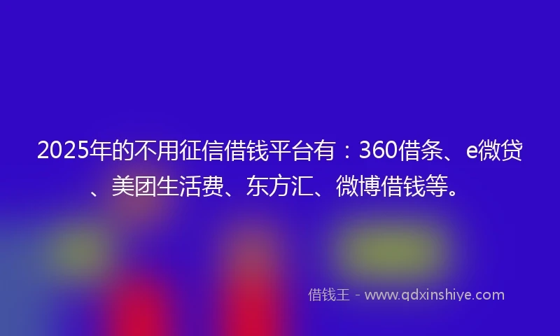 2025年的不用征信借钱平台有：360借条、e微贷、美团生活费、东方汇、微博借钱等。