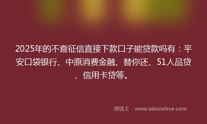2025年的不查征信直接下款口子能贷款吗有：平安口袋银行、中原消费金融、替你还、51人品贷、信用卡贷等。