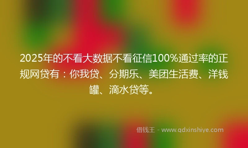2025年的不看大数据不看征信100%通过率的正规网贷有：你我贷、分期乐、美团生活费、洋钱罐、滴水贷等。