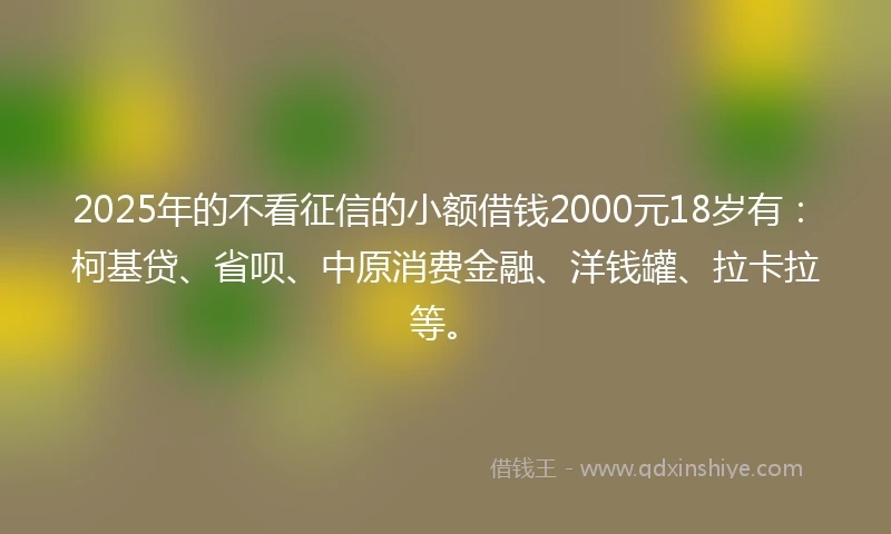 2025年的不看征信的小额借钱2000元18岁有：柯基贷、省呗、中原消费金融、洋钱罐、拉卡拉等。