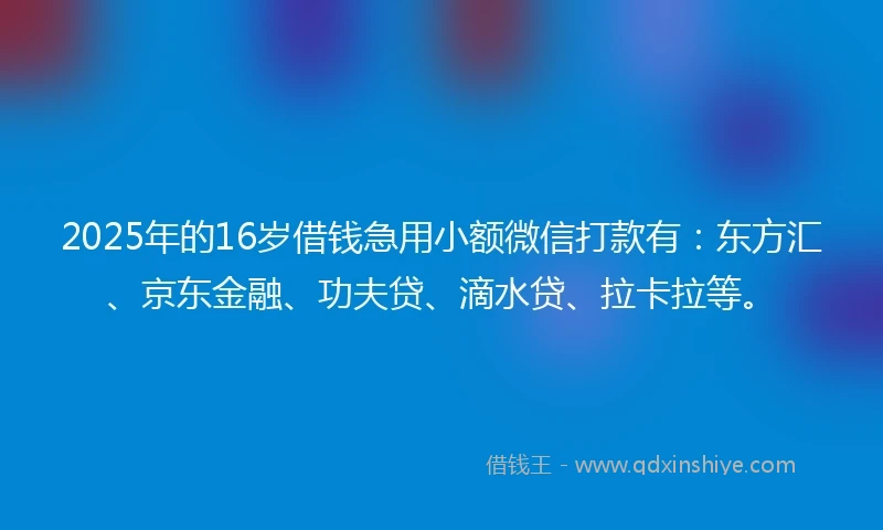 2025年的16岁借钱急用小额微信打款有：东方汇、京东金融、功夫贷、滴水贷、拉卡拉等。