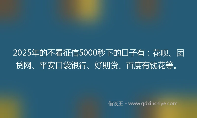2025年的不看征信5000秒下的口子有：花呗、团贷网、平安口袋银行、好期贷、百度有钱花等。