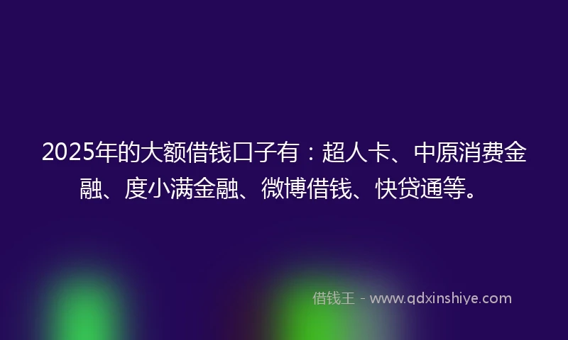 2025年的大额借钱口子有：超人卡、中原消费金融、度小满金融、微博借钱、快贷通等。