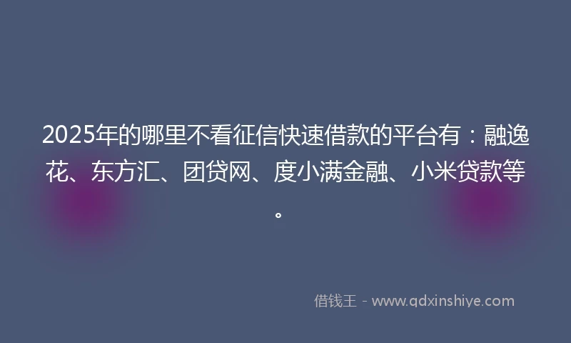 2025年的哪里不看征信快速借款的平台有：融逸花、东方汇、团贷网、度小满金融、小米贷款等。