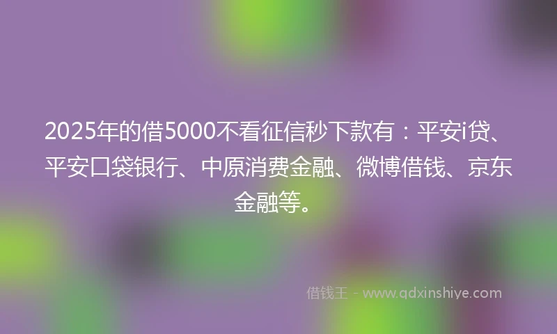2025年的借5000不看征信秒下款有:平安i贷、平安口袋银行、中原消费金融、微博借钱、京东金融等。