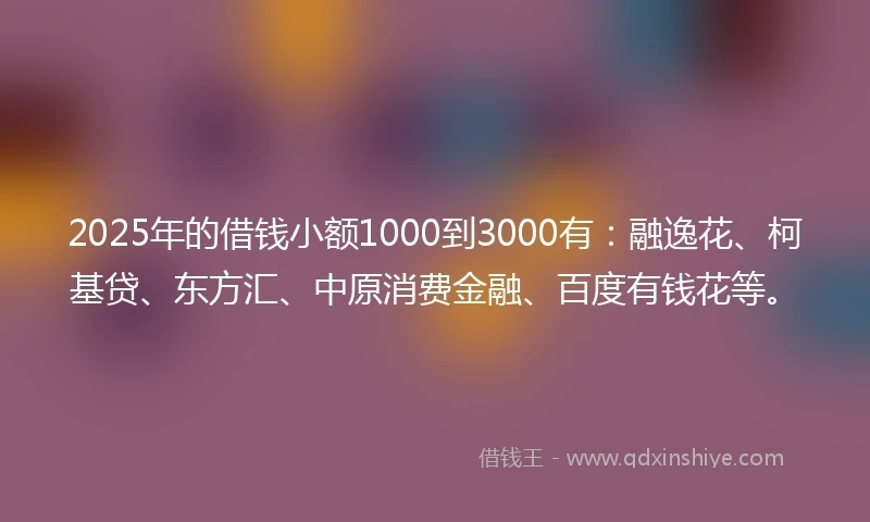 2025年的借钱小额1000到3000有：融逸花、柯基贷、东方汇、中原消费金融、百度有钱花等。