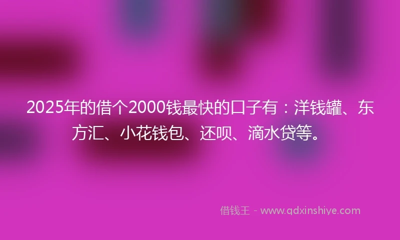 2025年的借个2000钱最快的口子有：洋钱罐、东方汇、小花钱包、还呗、滴水贷等。