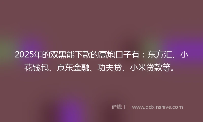 2025年的双黑能下款的高炮口子有：东方汇、小花钱包、京东金融、功夫贷、小米贷款等。