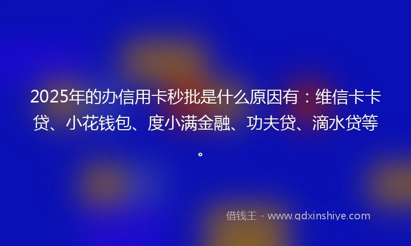 2025年的办信用卡秒批是什么原因有：维信卡卡贷、小花钱包、度小满金融、功夫贷、滴水贷等。