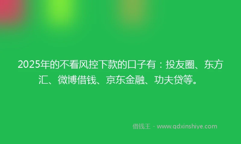 2025年的不看风控下款的口子有：投友圈、东方汇、微博借钱、京东金融、功夫贷等。