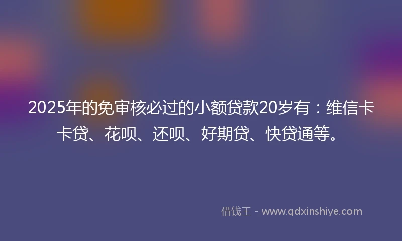 2025年的免审核必过的小额贷款20岁有：维信卡卡贷、花呗、还呗、好期贷、快贷通等。