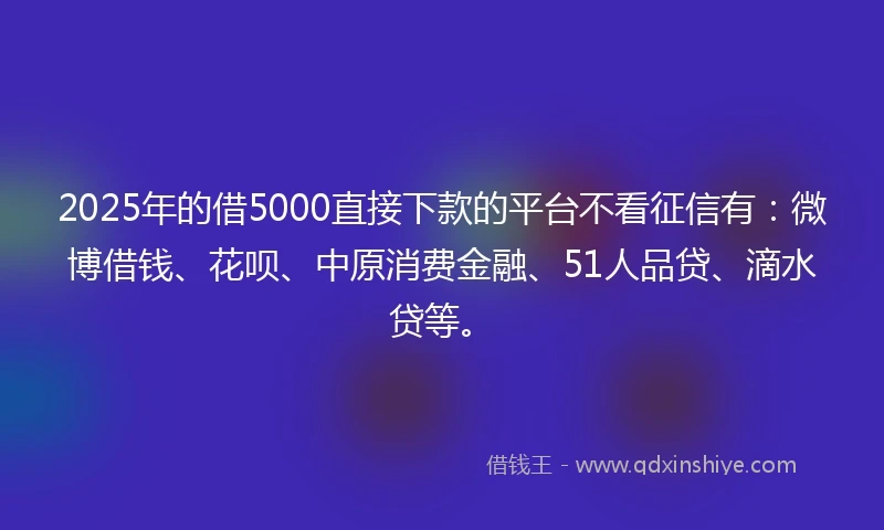 2025年的借5000直接下款的平台不看征信有：微博借钱、花呗、中原消费金融、51人品贷、滴水贷等。