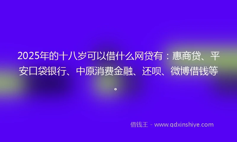 2025年的十八岁可以借什么网贷有：惠商贷、平安口袋银行、中原消费金融、还呗、微博借钱等。