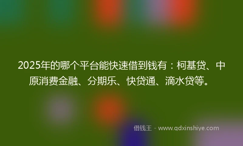 2025年的哪个平台能快速借到钱有:柯基贷、中原消费金融、分期乐、快贷通、滴水贷等。