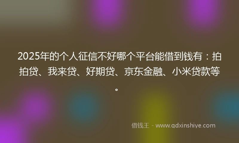 2025年的个人征信不好哪个平台能借到钱有:拍拍贷、我来贷、好期贷、京东金融、小米贷款等。