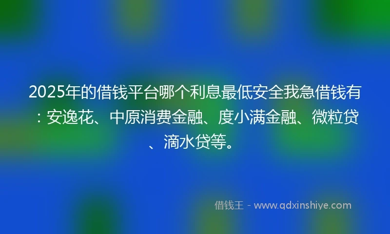 2025年的借钱平台哪个利息最低安全我急借钱有：安逸花、中原消费金融、度小满金融、微粒贷、滴水贷等。
