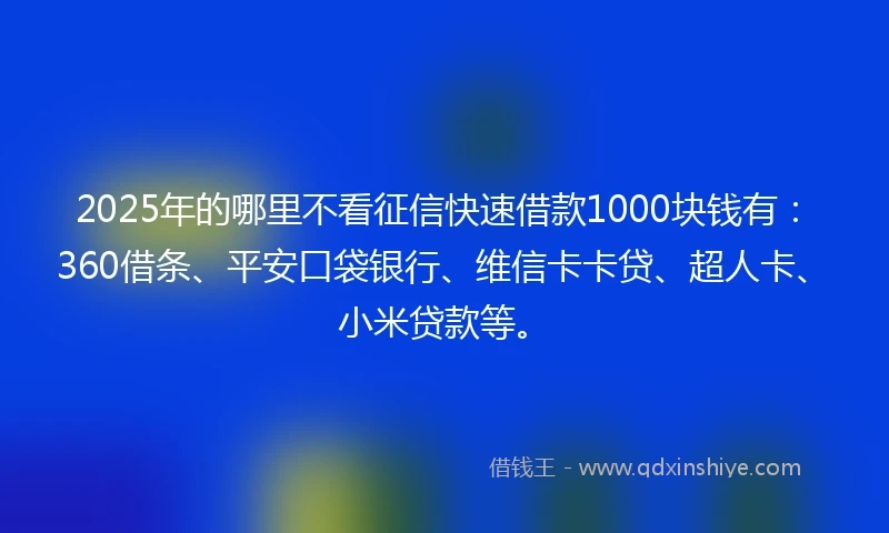 2025年的哪里不看征信快速借款1000块钱有：360借条、平安口袋银行、维信卡卡贷、超人卡、小米贷款等。