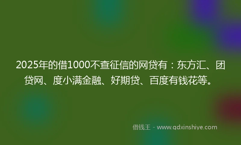 2025年的借1000不查征信的网贷有：东方汇、团贷网、度小满金融、好期贷、百度有钱花等。
