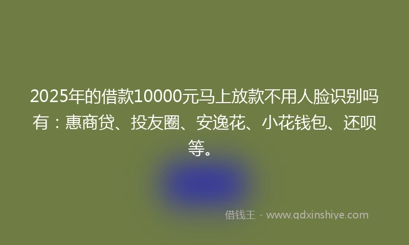 2025年的借款10000元马上放款不用人脸识别吗有：惠商贷、投友圈、安逸花、小花钱包、还呗等。