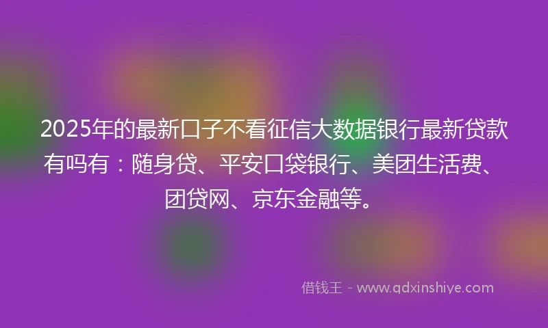 2025年的最新口子不看征信大数据银行最新贷款有吗有：随身贷、平安口袋银行、美团生活费、团贷网、京东金融等。
