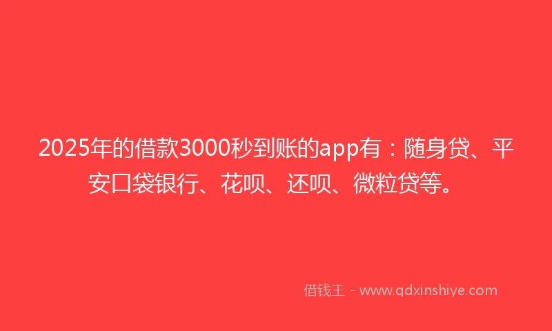2025年的借款3000秒到账的app有：随身贷、平安口袋银行、花呗、还呗、微粒贷等。