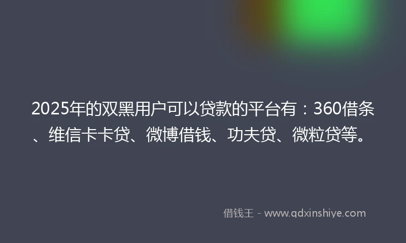 2025年的双黑用户可以贷款的平台有：360借条、维信卡卡贷、微博借钱、功夫贷、微粒贷等。