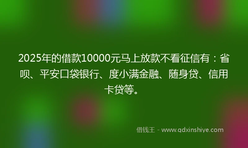 2025年的借款10000元马上放款不看征信有：省呗、平安口袋银行、度小满金融、随身贷、信用卡贷等。