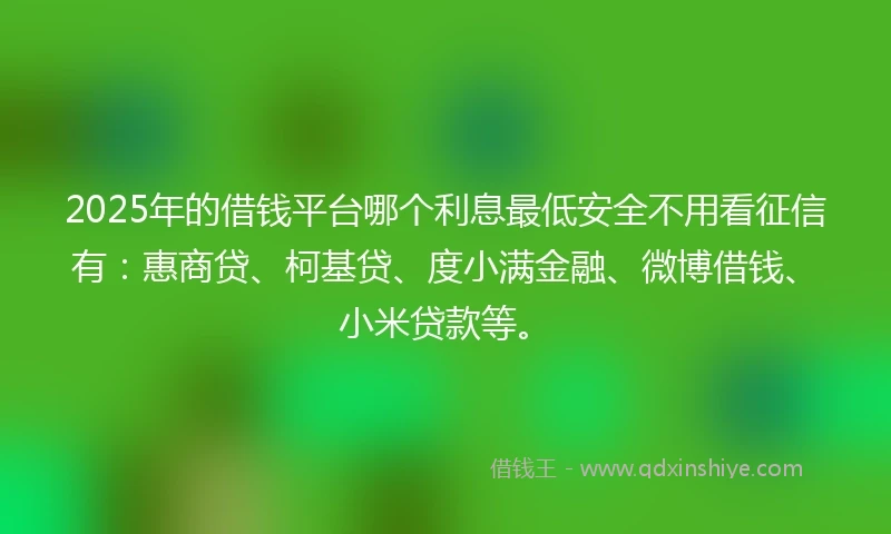 2025年的借钱平台哪个利息最低安全不用看征信有：惠商贷、柯基贷、度小满金融、微博借钱、小米贷款等。