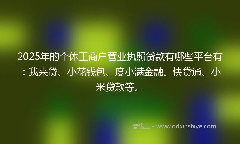 2025年的个体工商户营业执照贷款有哪些平台有:我来贷、小花钱包、度小满金融、快贷通、小米贷款等。