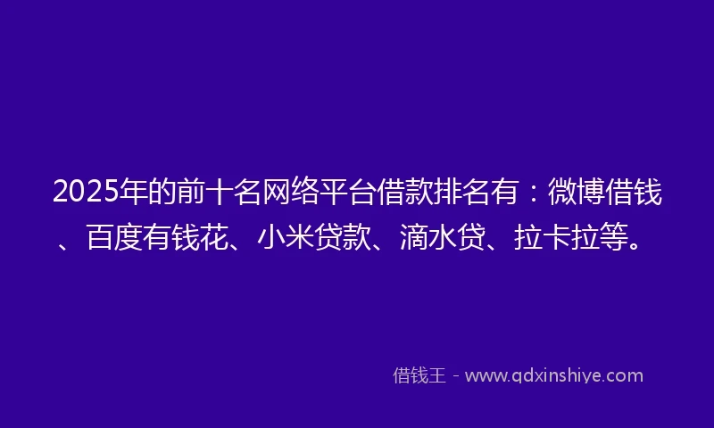2025年的前十名网络平台借款排名有：微博借钱、百度有钱花、小米贷款、滴水贷、拉卡拉等。