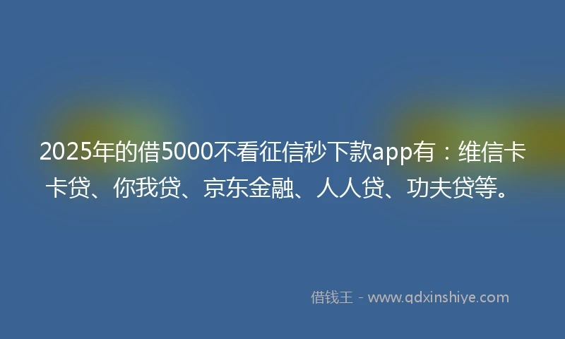 2025年的借5000不看征信秒下款app有：维信卡卡贷、你我贷、京东金融、人人贷、功夫贷等。