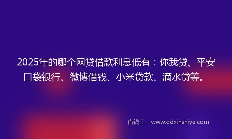 2025年的哪个网贷借款利息低有:你我贷、平安口袋银行、微博借钱、小米贷款、滴水贷等。