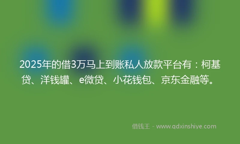 2025年的借3万马上到账私人放款平台有：柯基贷、洋钱罐、e微贷、小花钱包、京东金融等。