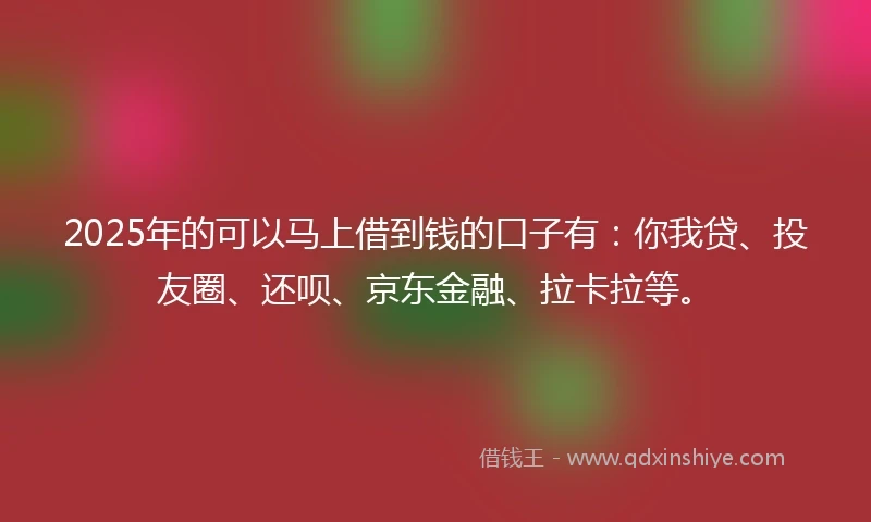 2025年的可以马上借到钱的口子有：你我贷、投友圈、还呗、京东金融、拉卡拉等。