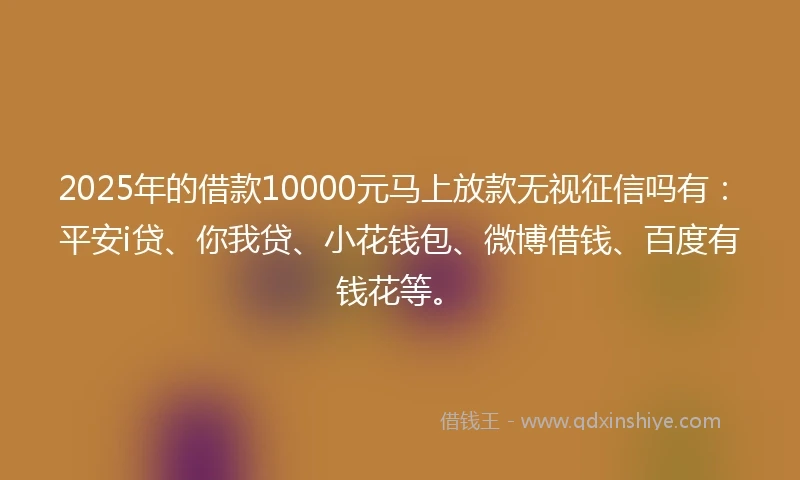 2025年的借款10000元马上放款无视征信吗有：平安i贷、你我贷、小花钱包、微博借钱、百度有钱花等。