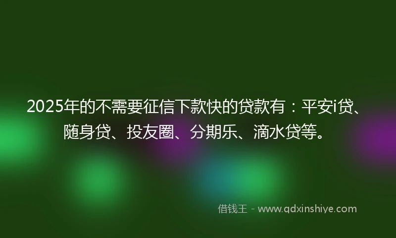 2025年的不需要征信下款快的贷款有：平安i贷、随身贷、投友圈、分期乐、滴水贷等。