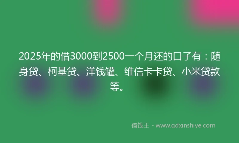 2025年的借3000到2500一个月还的口子有：随身贷、柯基贷、洋钱罐、维信卡卡贷、小米贷款等。