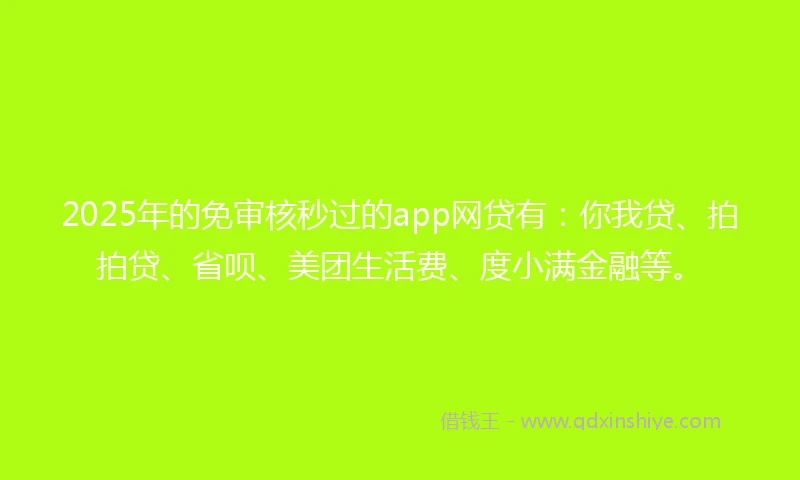 2025年的免审核秒过的app网贷有：你我贷、拍拍贷、省呗、美团生活费、度小满金融等。