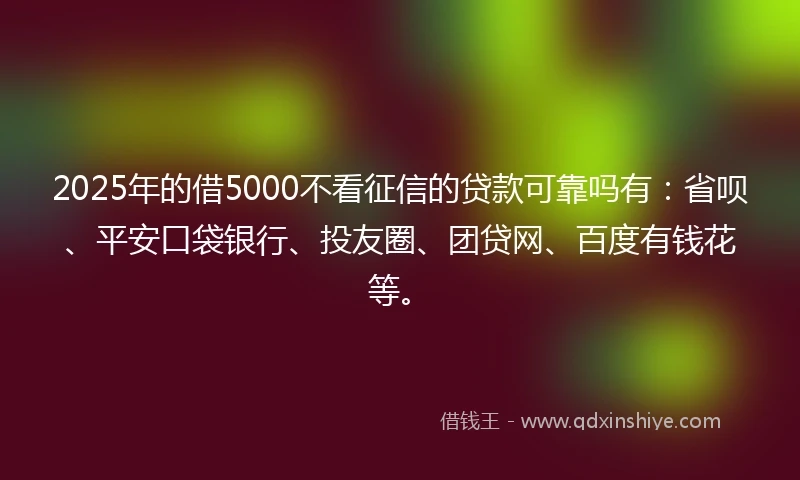 2025年的借5000不看征信的贷款可靠吗有：省呗、平安口袋银行、投友圈、团贷网、百度有钱花等。