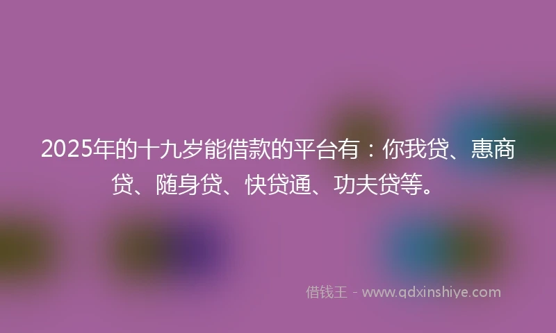 2025年的十九岁能借款的平台有：你我贷、惠商贷、随身贷、快贷通、功夫贷等。