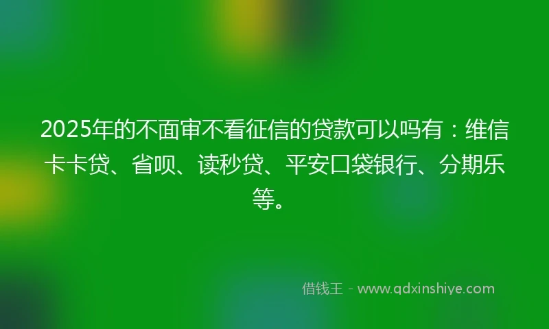 2025年的不面审不看征信的贷款可以吗有：维信卡卡贷、省呗、读秒贷、平安口袋银行、分期乐等。