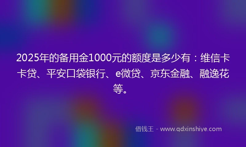 2025年的备用金1000元的额度是多少有：维信卡卡贷、平安口袋银行、e微贷、京东金融、融逸花等。